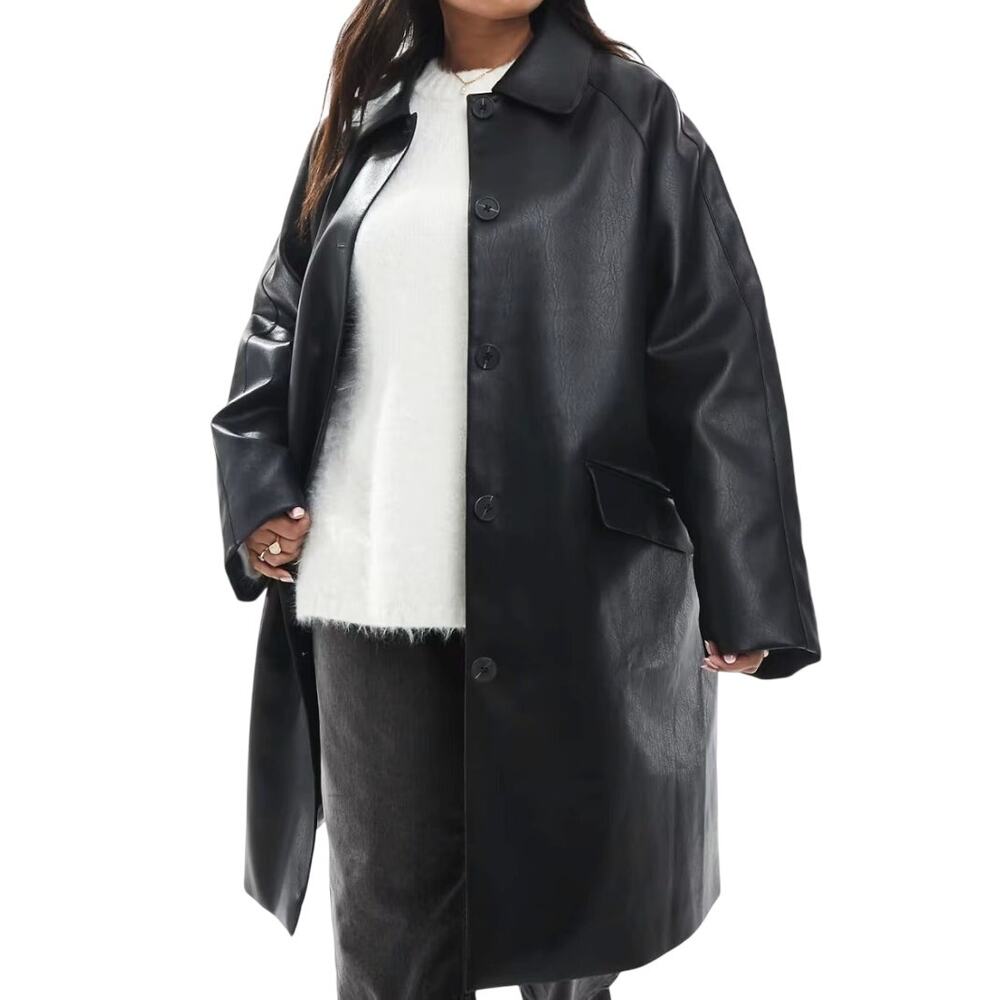 Asos Curve Black Vegan Leather Look Car Coat Long Jacket Plus size 18 NEW Tags